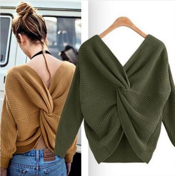 

2020fw women sweaters womens v-neck open back sweaters ladys irregular cross-knotted sweater on the back 2020 new trendy wear on both sides, White;black