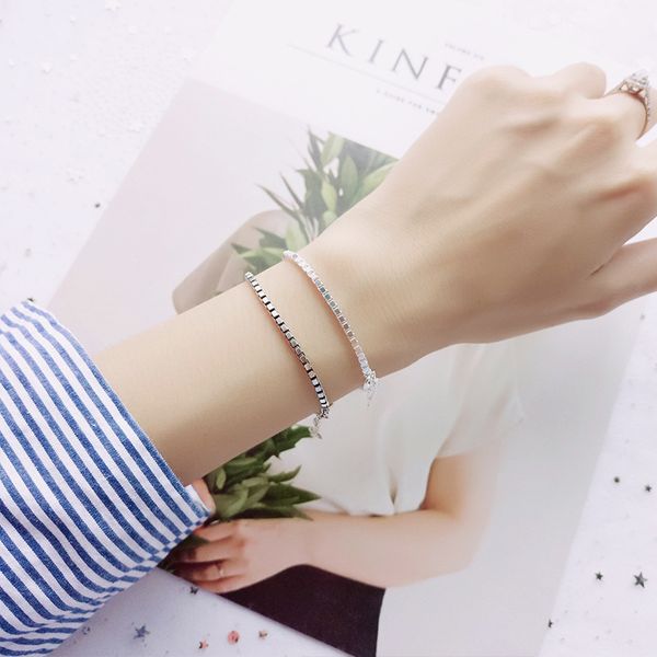 

s925 sterling silver color and thai silver simple fashion bracelet box chain 0.2cm wide for women lady daughter jewelry gift, Golden;silver