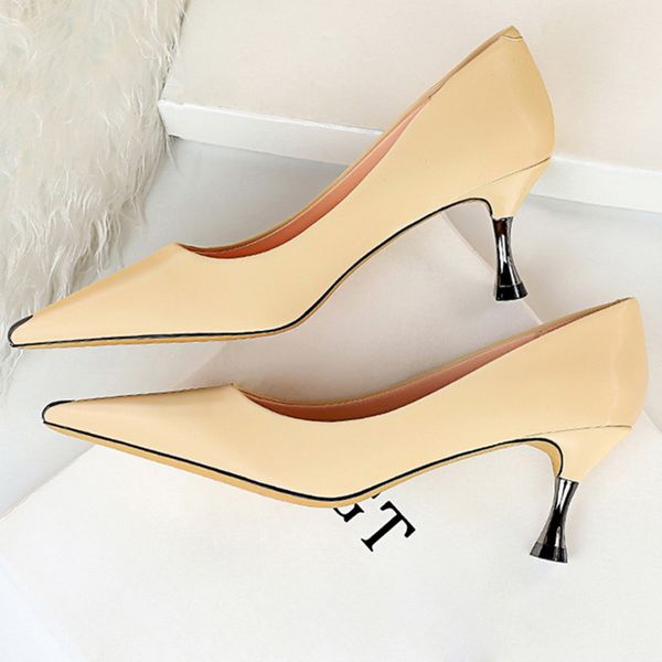 

2020 spring fall elegant women 6cm thin high heels pumps tacones yellow nude kitten low heels soft leather korean party shoes, Black