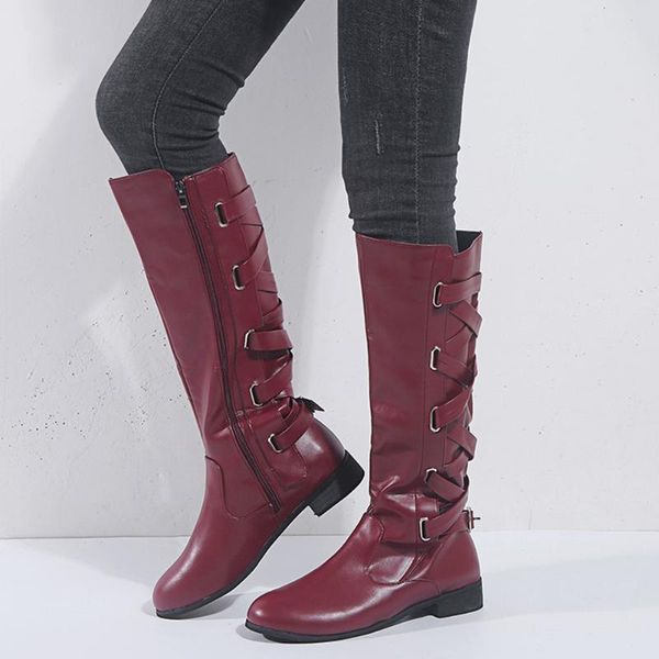 

boots women 2021 fashion winter warm lining pu leather knee high lace-up shoes woman botas mujer, Black