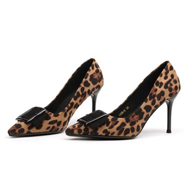 

spring 2020 new shallow mouth single shoes square buckle suede pointed stiletto high heels leopard print high heels women, Black