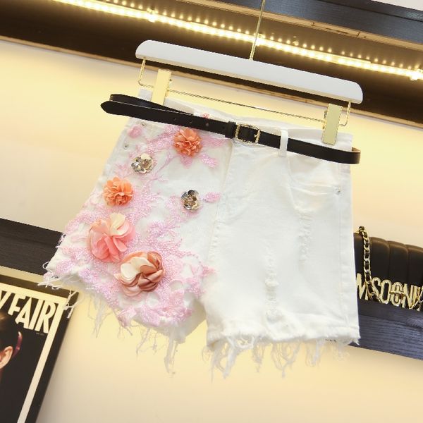 

2020 summer women's floral embroidery denim shorts white color holes ripped short jean students girl's pants, Blue