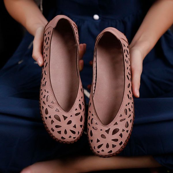 

vallu 2020 new leather small round head soft leather bun shoes hollow cotton and linen wild models flat women's shoes, Black