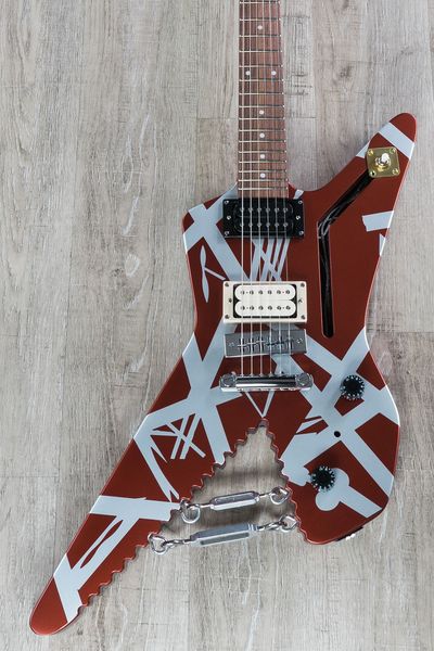 

edward van halen striped series shark satin urethane burgundy silver stripes electric guitar chrome eye hooks w/ turnbuckles, braid wire