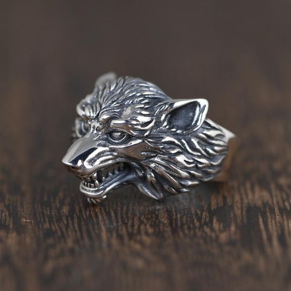 

cluster rings s925 sterling silver vintage thai open ring for men wolf head punk style male jewelry, Golden;silver