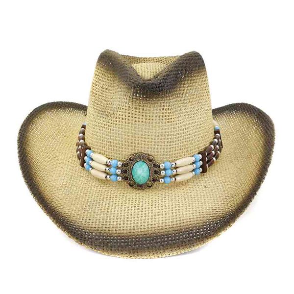 

wzcx 2020 new fashion contrast color wooden beads decoration cowboy straw hat casual tide summer cap men's hats, Blue;gray