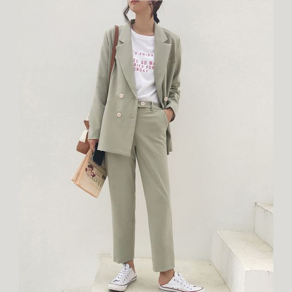 

women's two piece pants fannic vintage double breasted women pant suit light green notched blazer jacket & high waist spring office sui, White