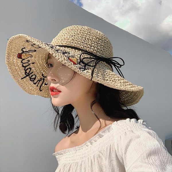 

summer straw hat women big wide brim beach hat women letter bowknot foldable straw weave wide brim sunscreen beach cap 2020, Blue;gray