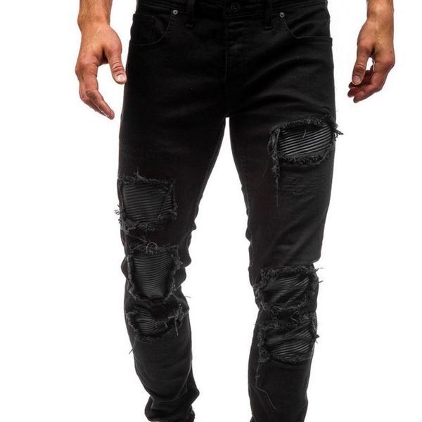 

men fashion ripped hole loose jeans male moto biker frayed long denim pants men distressed pleated cotton jeans 51444, Blue