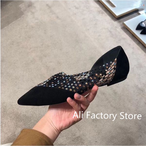 

sandals elegant casual women's hollow with diamond pointed sheepskin comfortable black flat shoes size 34-40