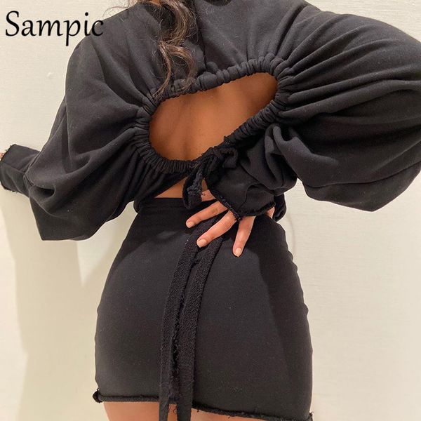 

sampic women casual white black hollow out long sleeve mini bodycon dress o neck short wrap party club dress autumn, Black;gray