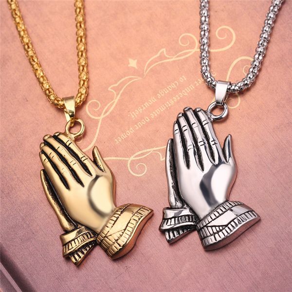 

fashion cuffs hands together ten necklaces ladies pray gold color prayer blessing lucky necklace jewelry gift, Silver