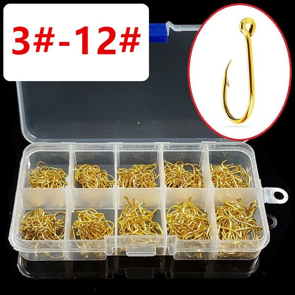 

500pcs/1box 3-12# gold ise hook high carbon steel with hole barbed fishing hooks fishhooks fishing tackle e-004
