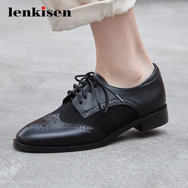 

lenkisen british school daily wear convenient hollow breathable round toe low square heels lace up young girls women pumps l44, Black