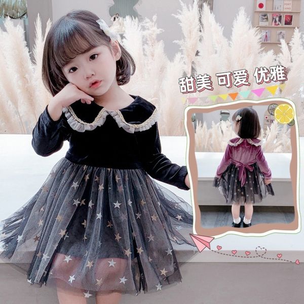 

дети дизайнер одежды girls2020 весна и осень длинный рукав сетка пятиконечная звезда шить бархат юбка кукла воротник платье корейский стиль, Red;yellow