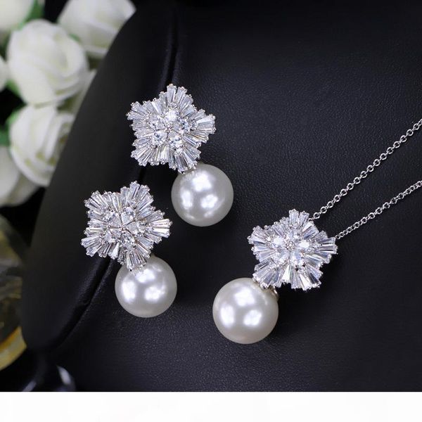 

charming and elegant women crystal pearl pendant necklace earrings jewelry set white gold plated necklace jewelry for wedding party, Silver