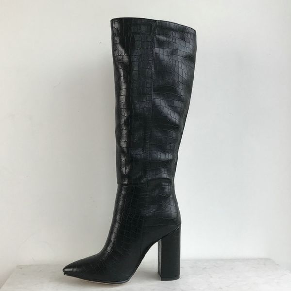 

brand knee high boots women pointed toe slip on cowboy boots european style high heels shoes fashion long female, Black