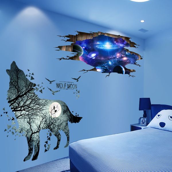 

wall stickers [shijuekongjian] wolf animal diy outer space decals for kids rooms living room home decoration accessories
