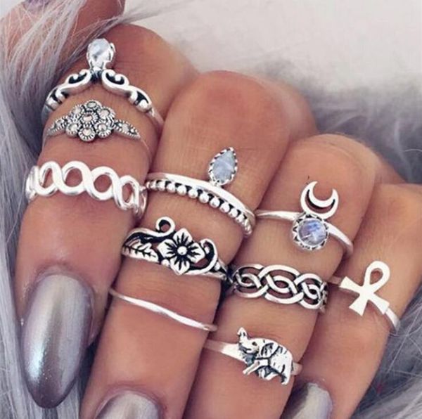 

10pcs / set vintage knuckle rings for women boho geometric flower crystal ring set bohemian midi finger jewelry bague femme, Golden;silver