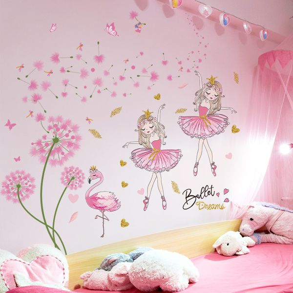 

[shijuehezi] pink dandelion flowers wall sticker diy girl flamingo mural decals for kids bedroom baby room nursery decoration