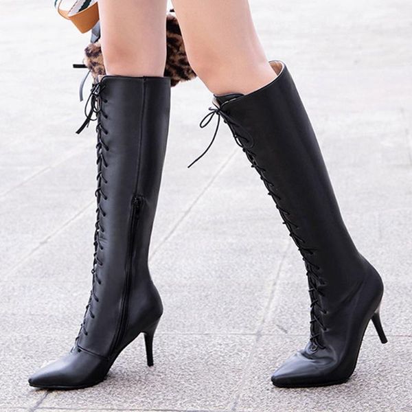 

shoes woman winter boots women zapatos de mujer women's high heels women boots cross strap zipper long barrel shoes, Black
