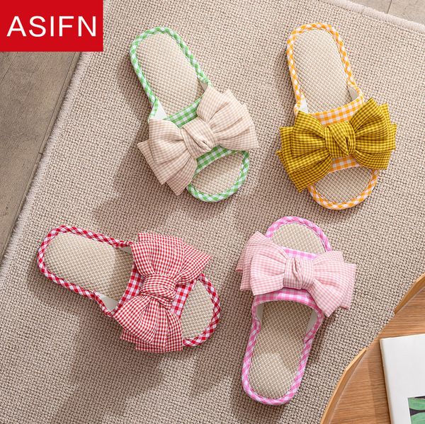 

asifn лето женщины тапочки новый лук галстук плед белье тапочки женский простой японский домашний интерьер деревянный пол обувь женщина, Black