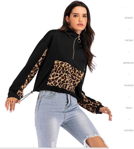 

patchwork hoodies long sleeve stand collar ladies sweatshirts with zipper fashion short female clothing womens designer leopard, Black
