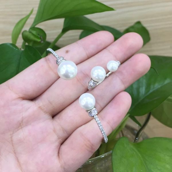 

godki imitation pearl charms 2pcs statement bracelet ring set for women wedding party cubic zircon dubai bridal jewelry set 2020, Silver
