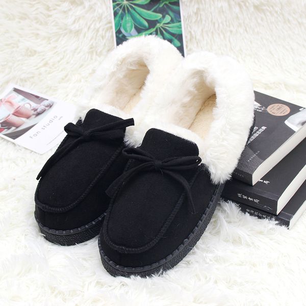 

women's slippers winter shoes bowtie plush inside casual loafers ladies outdoor indoor home slippers pantuflas slip on shoes, Black