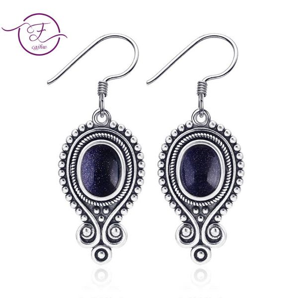 

stud 925 sterling silver earrings oval 7x9mm blue sandstone poscia style vintage jewelry party anniversary gift wholesale, Golden;silver