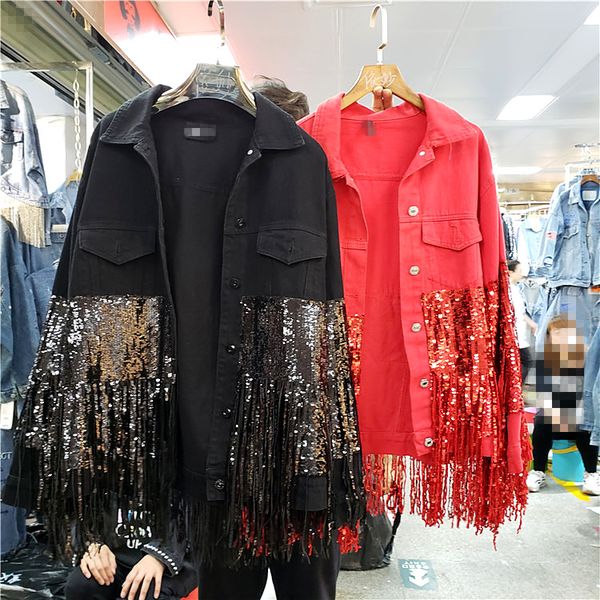 

2020 новая тяжелая промышленность кисточка блестки однобортный моды джинсовой куртки, Black;brown