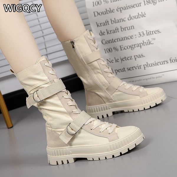 

2020 autumn new style canvas boots women british style fashion platform shoes flat mid-tube boots women d1657, Black
