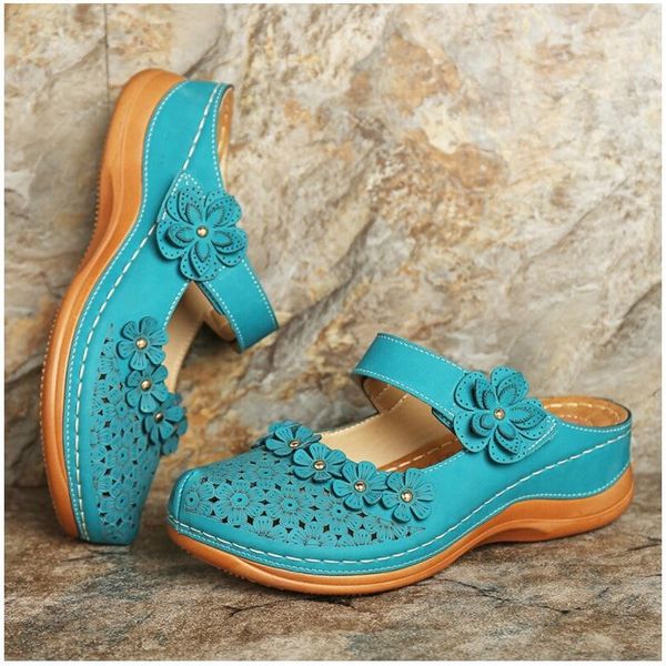 

plus size 35-46 women's sandals 2020 summer handmade ladies shoes floral sandals women flats retro style shoes woman slippers pu y20062, Black