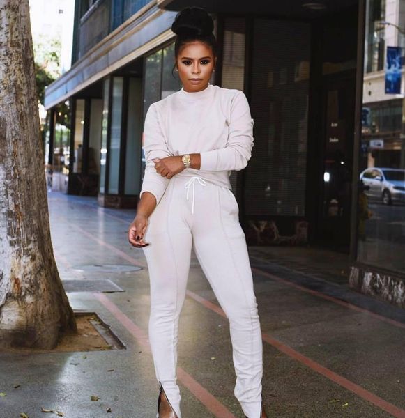 

tracksuit women two piece set long sleeve hoodie and lacing pants outfits autumn fashion lounge wear pure color sportwear t200808, White