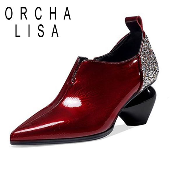 

orcha lisa woman bling pump full genuine leather pointed toe strange heels zipper glitter big size 34-42 leisure party c1941, Black
