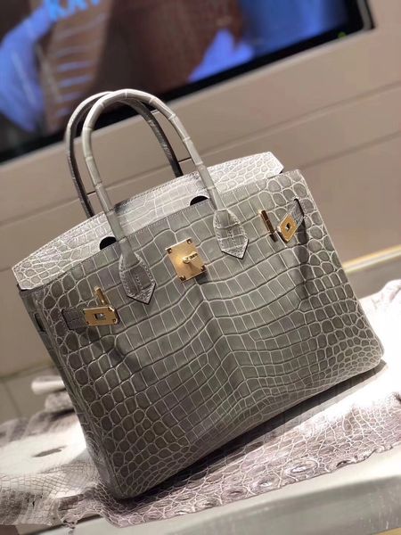 

factory wholesale light grey shinny crocodile handbag30cm,fully handmade wax thread,can make other size,many colors for chosen,fast delivery