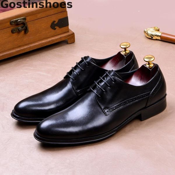 

men leather shoes cowhide black wine red lace-up pointed formal derby shoes genuine leather office wedding party business