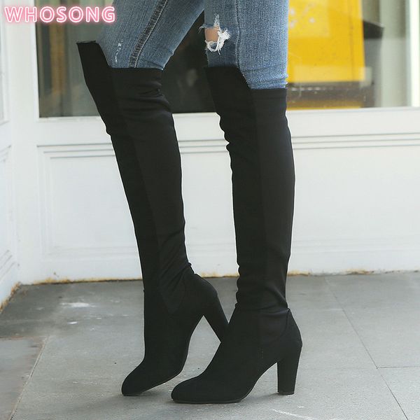 

зимние ботинки женщин высокие сапоги мода сексуальный над коленом черный красный смешанные цвета flock кожа тонкий обувь женщина, Black