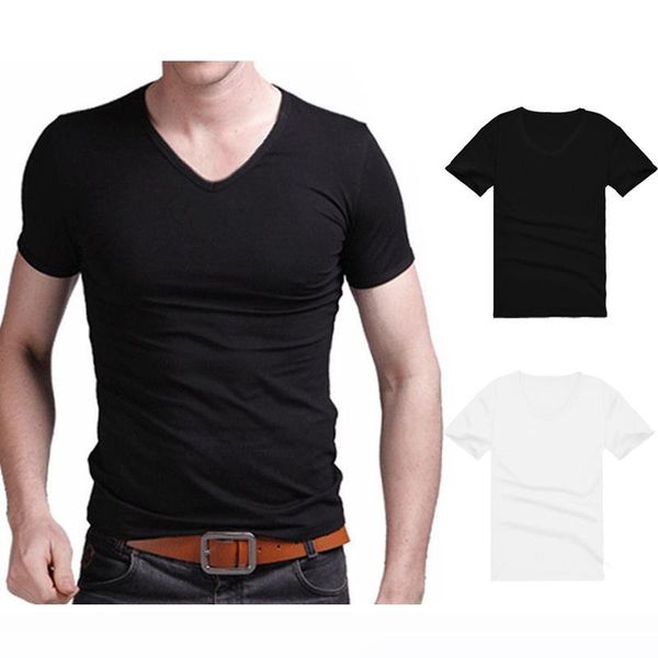 

2020 men summer white black casual gym sports v neck t-shirt slimming fit short sleeve basic tee male top