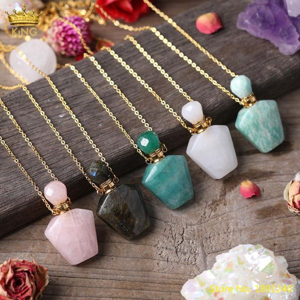 

natural white jades pink quartz perfume bottle pendant necklace fashion women gold copper essential oil bottle healing jewelry, Silver