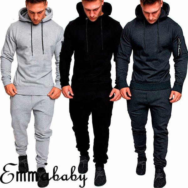 

new solid color sportswear men's sportswear suit autumn and winter 2 sets of pullovers hoodie and pants jogging clothing, Gray