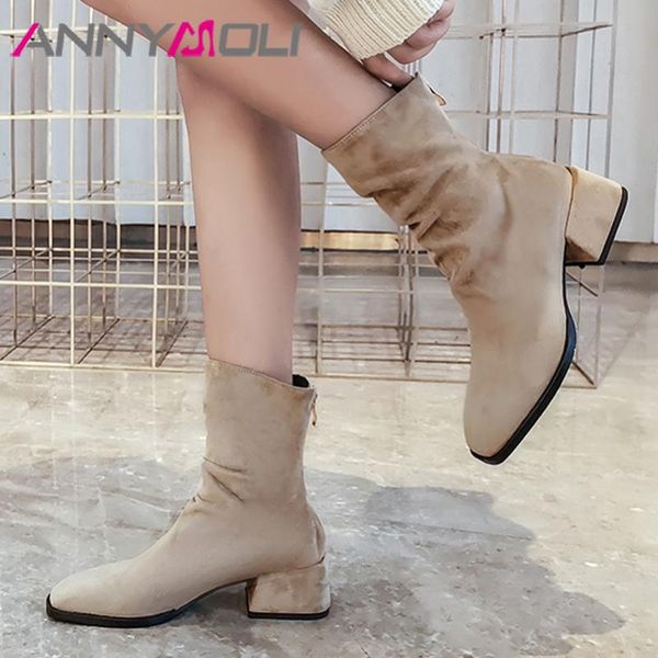 

annymoli med heel woman boots block heel shoes square toe mid calf boots zipper ladies autumn winter black large size 42