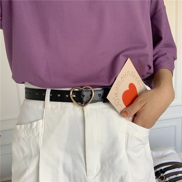 

vintage leather belts for women 2020 korean fashion hollow heart ladies jeans waist belt with buckle black, Black;brown