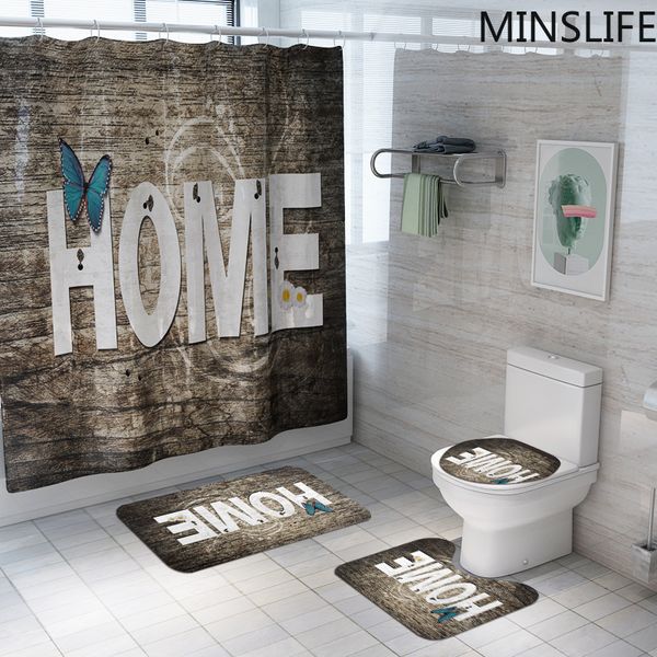 

retro home wood stripes pattern shower curtain polyester waterproof bathroom curtains rug sets toilet cover mat set bath decor