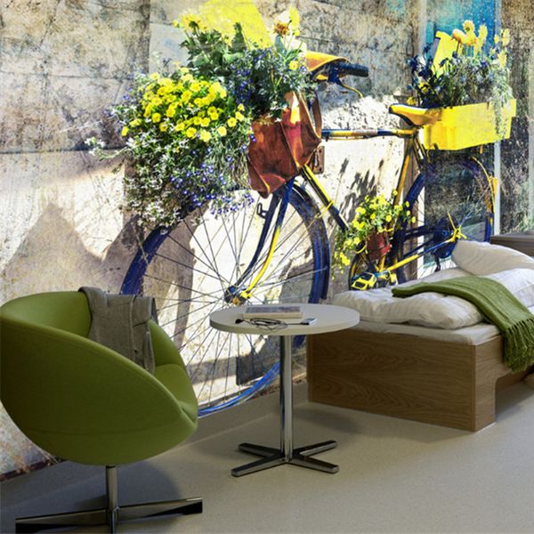 

custom p european 3d non-woven mural wallpaper vintage bicycle floral background green leaves for living room