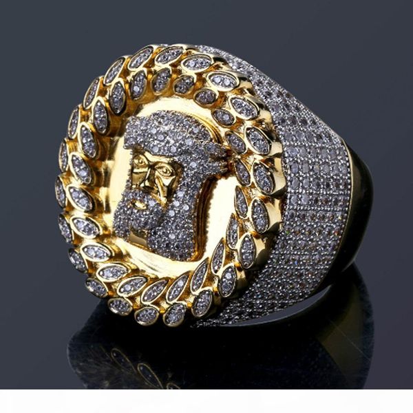 

luxury men gold tone hip hop jesus face ring micro pave cubic zirconia simulated diamonds rings size7-12 bling bling jewelry, Golden;silver