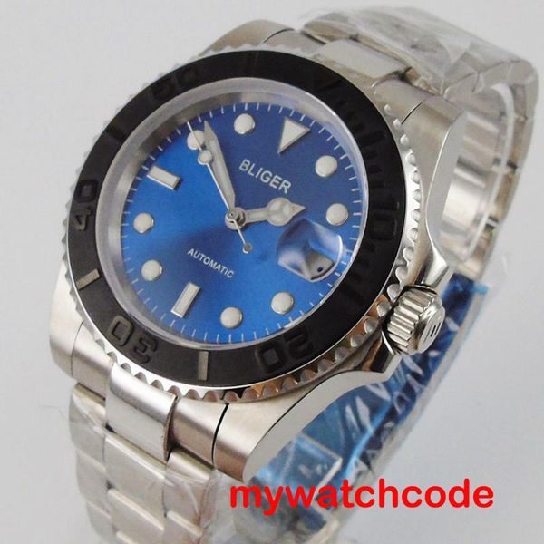 

40mm bliger blue dial date window japan nh35 316l stainless steel band automatic movement men watch relogio masculino, Slivery;brown