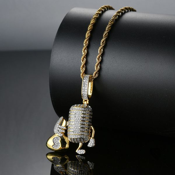 

hip hop cz stone paved bling iced out dollar money bag microphone pendants necklace for men rapper jewelry, Silver