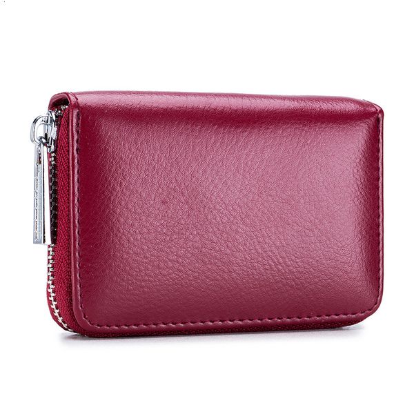 

genuine leather women business card holder wallet zipper bank credit card case id holders rfid wallet coin purse, Red;black