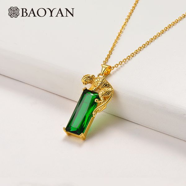 

baoyan green crystal necklace vintage cubic zirconia geometry pendant necklace gold leopard animal copper for women, Silver